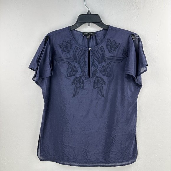 Banana Republic Women’s Blouse XS Split Sleeve Blue Cotton Silk‎ Blend Keyhole - Picture 1 of 7